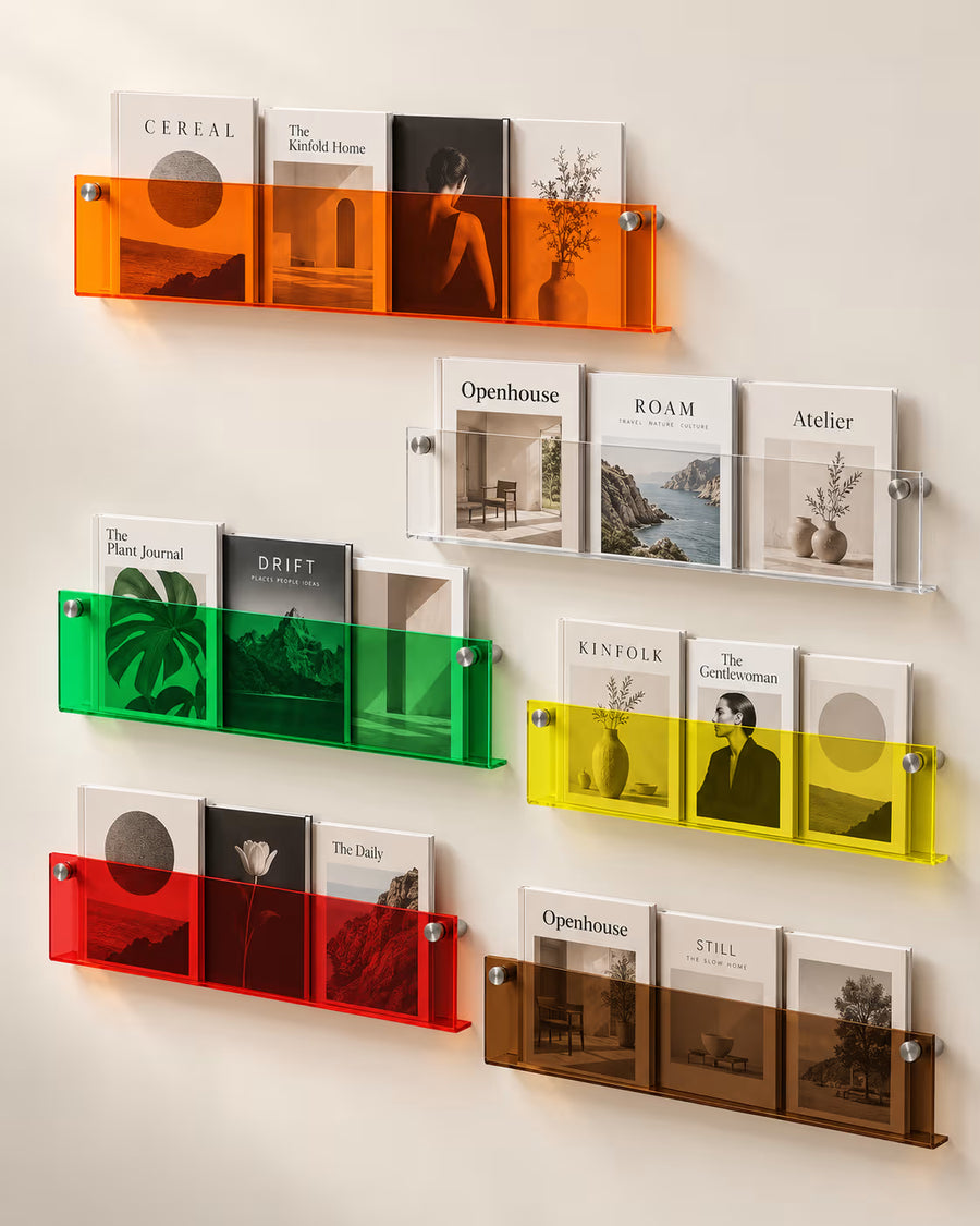 Floating acrylic magazine holders in every colour