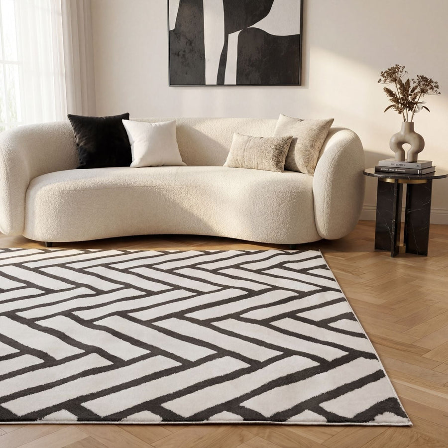 Slate Chevron Rug — styled interior view