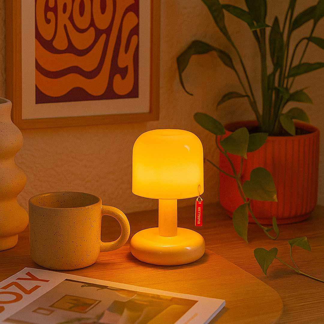 Mini rechargeable mushroom night light on a tabletop