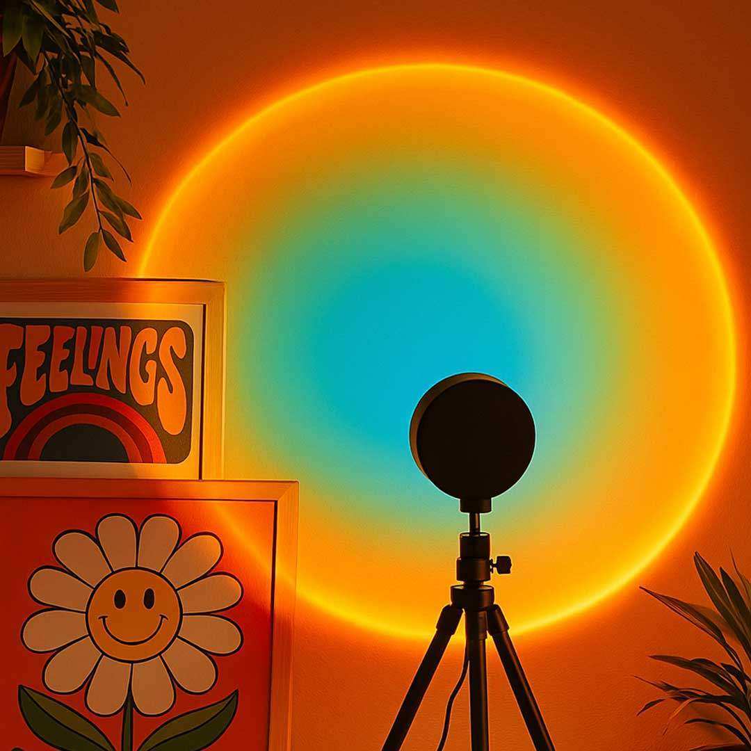 Sunset projection lamp casting coloured light across a wall