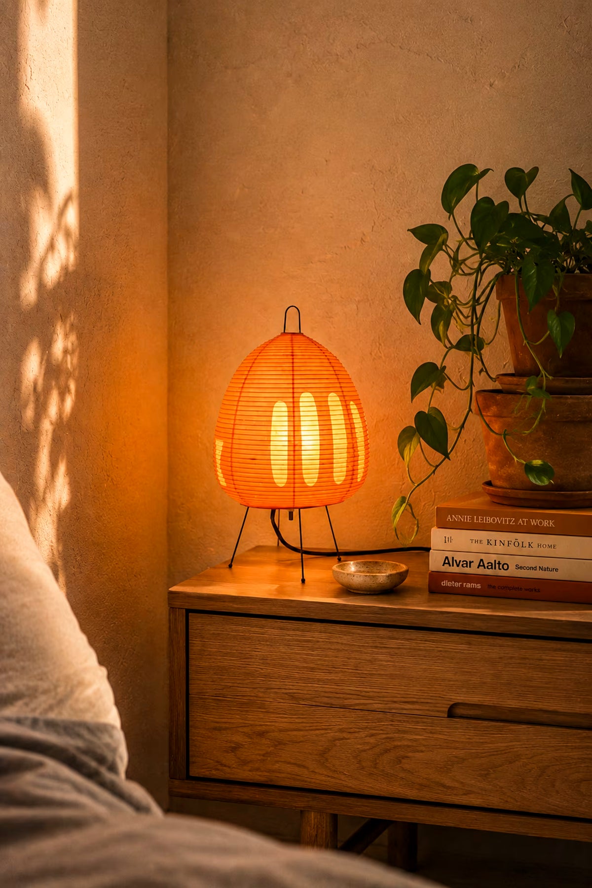 Kiri Persimmon Japanese rice paper table lamp with orange shade and iron tripod