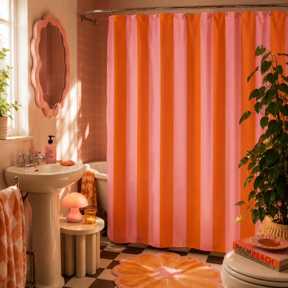 Sunset-inspired shower curtain with bold horizontal colour
