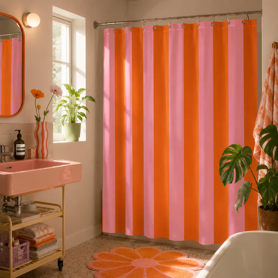 Sunset Strip Shower Curtain with warm orange and blue bands