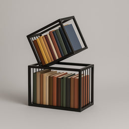 Black Rotating Cube Bookshelf with twisted geometric shelves