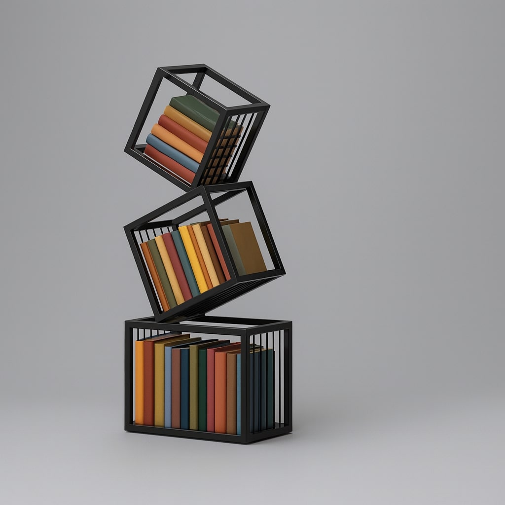 Rotating Cube Bookshelf styled with books and decorative objects