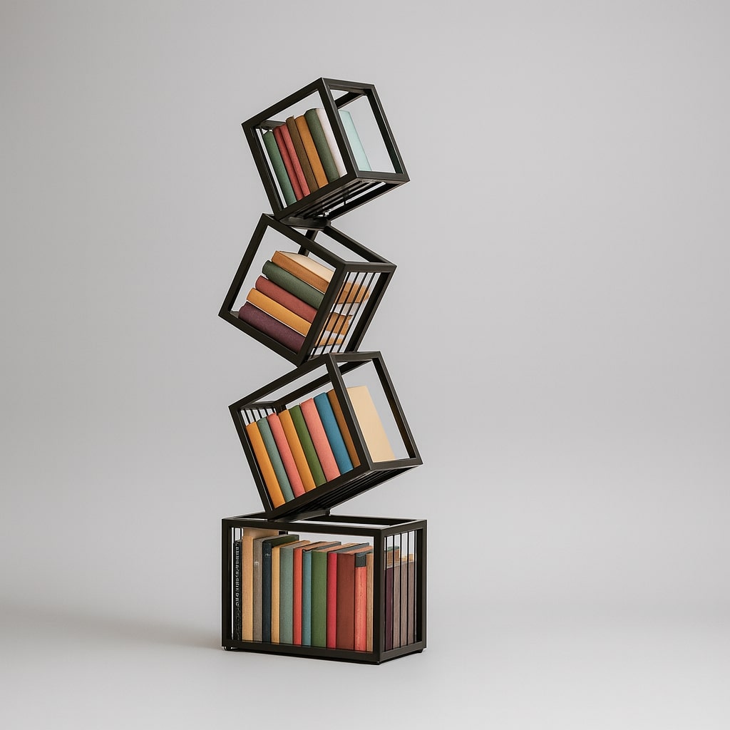 Twisted wood bookshelf shown in a modern interior