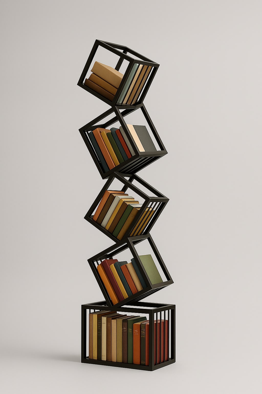Tall black Rotating Cube Bookshelf in a living space