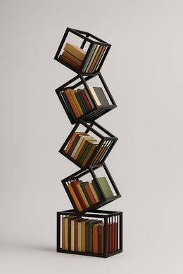 Tall black Rotating Cube Bookshelf in a living space