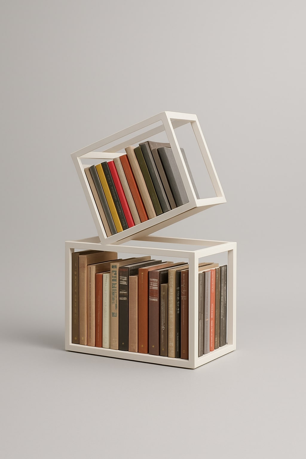 White Rotating Cube Bookshelf with twisted geometric shelves