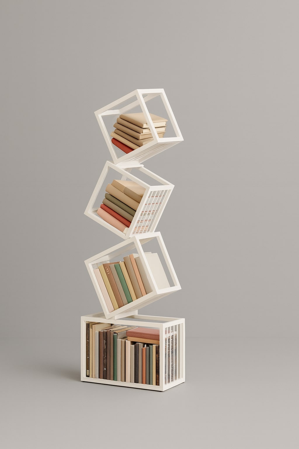 Tall white Rotating Cube Bookshelf in a modern interior
