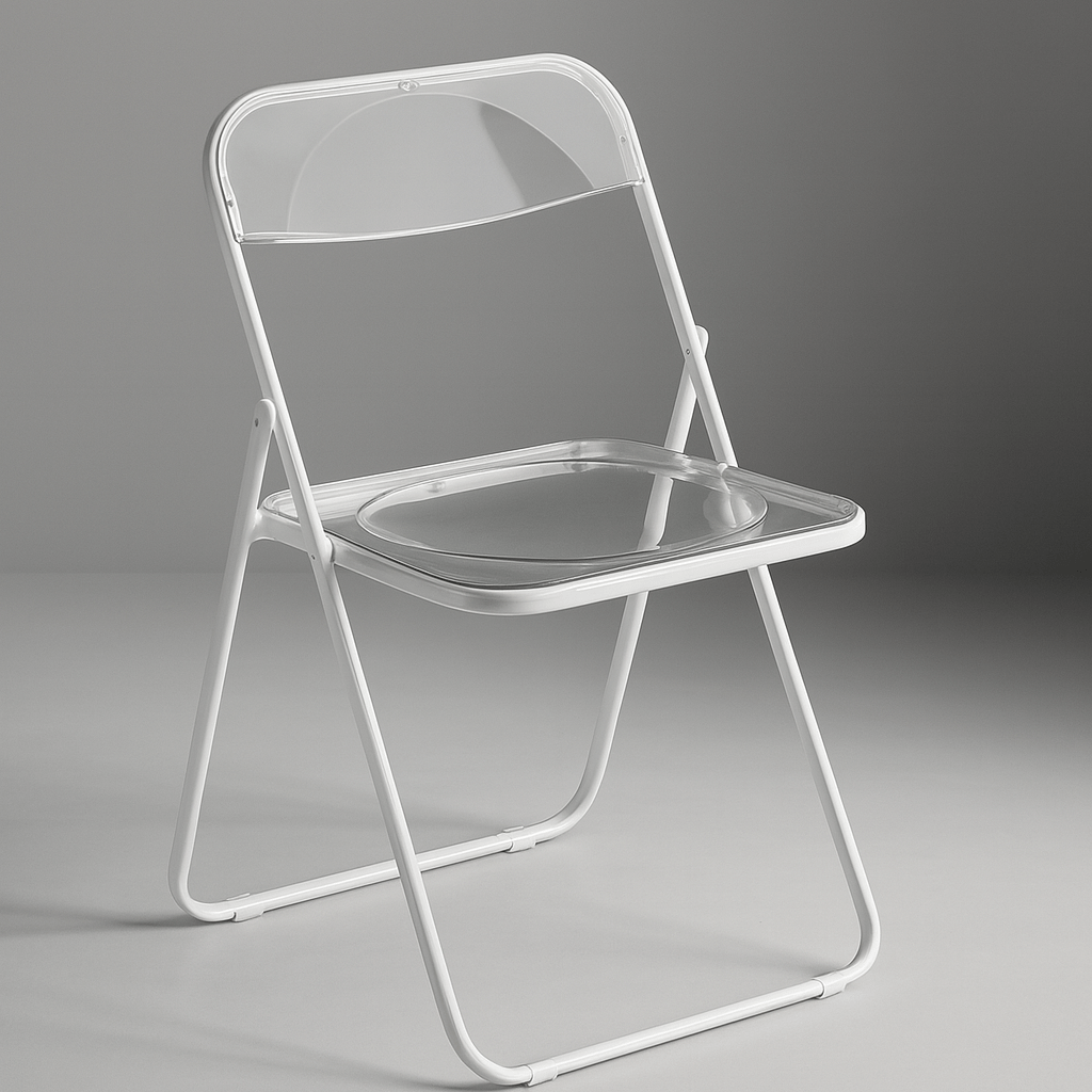 White frame folding chair with clear plastic seat and back