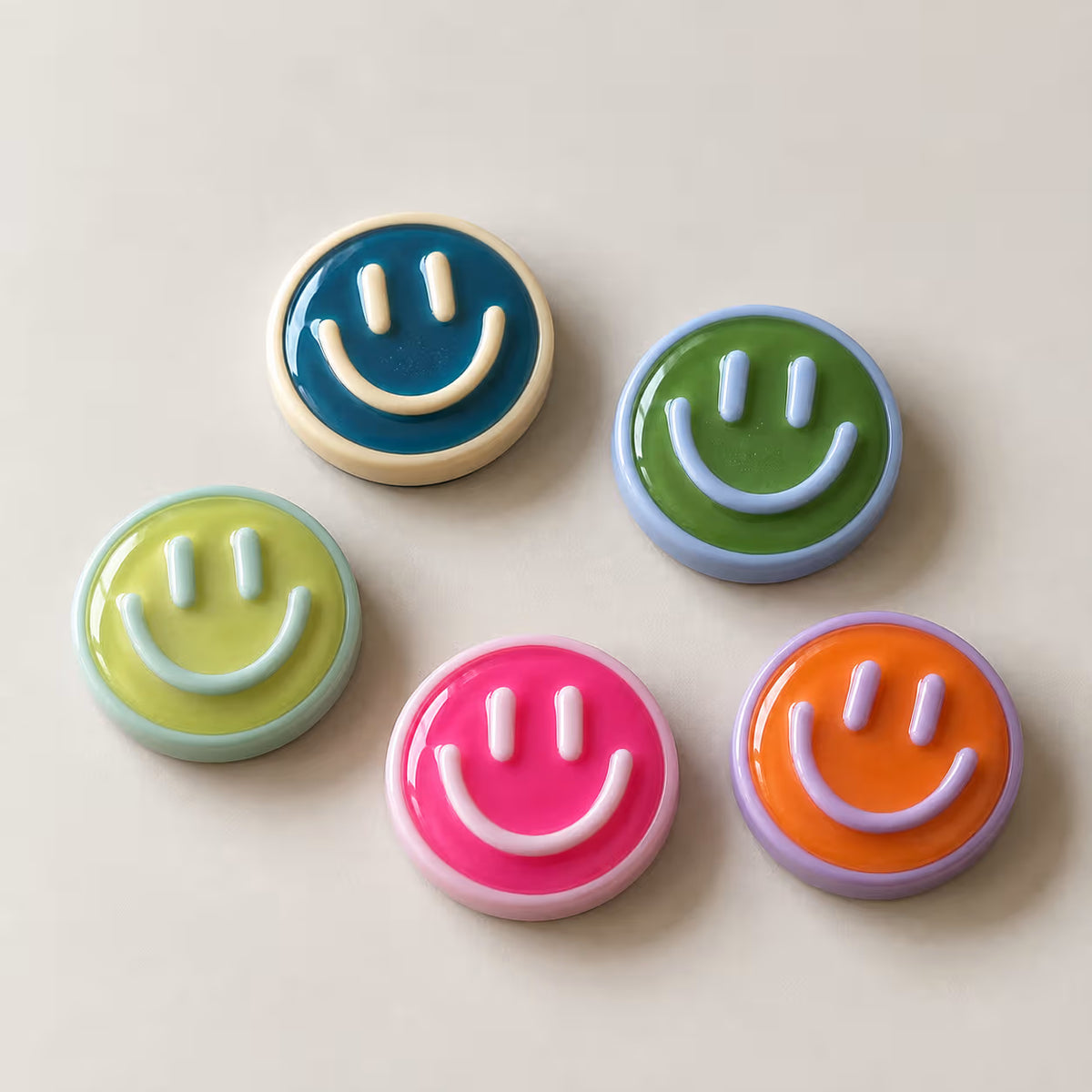 Mixed colour smiley face fridge magnets, pack of 5