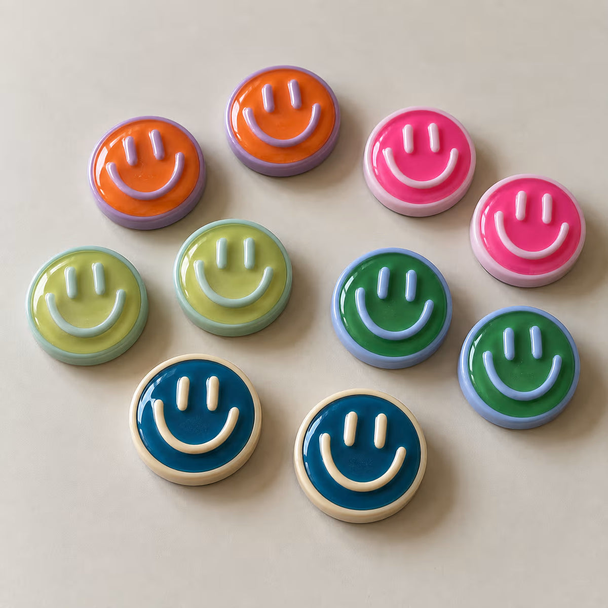 Mixed colour smiley face fridge magnets, pack of 10