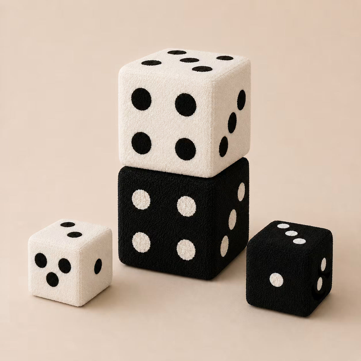 Black and White textured Dice Footstools shown in both available sizes
