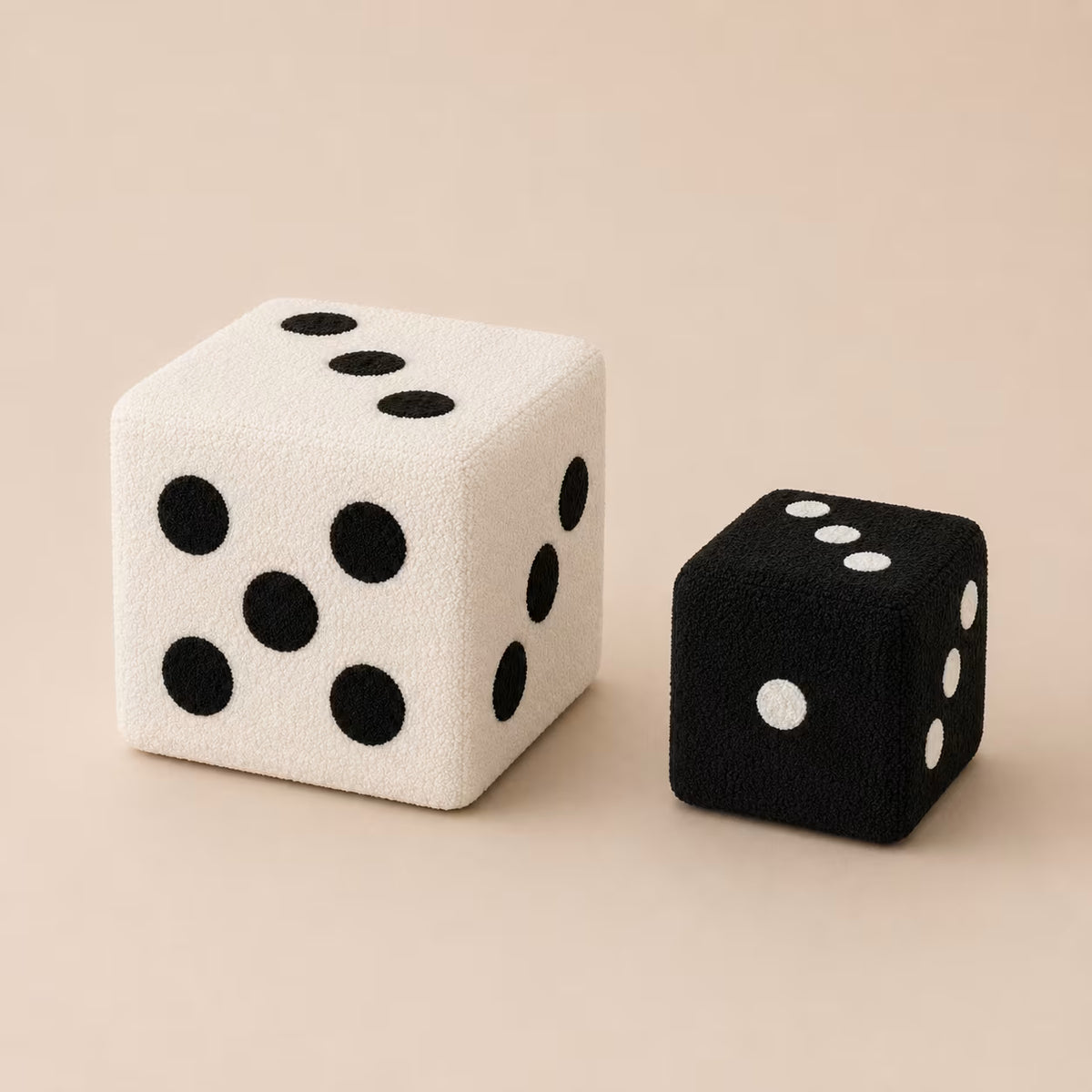 White and Black Dice Footstools shown together for scale