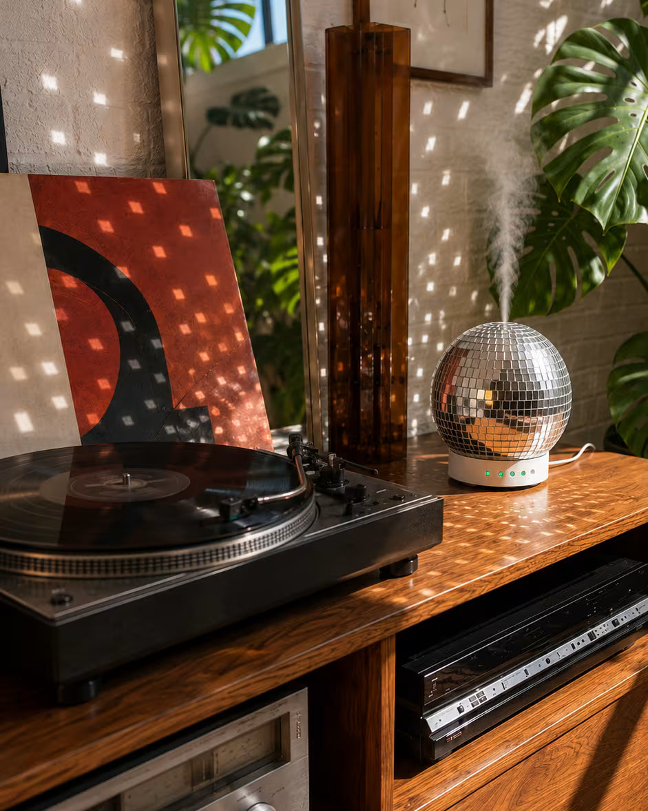 Rotating Disco Ball Diffuser releasing mist beside a record player