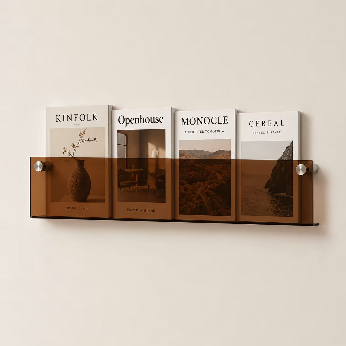 Brown floating acrylic magazine holder