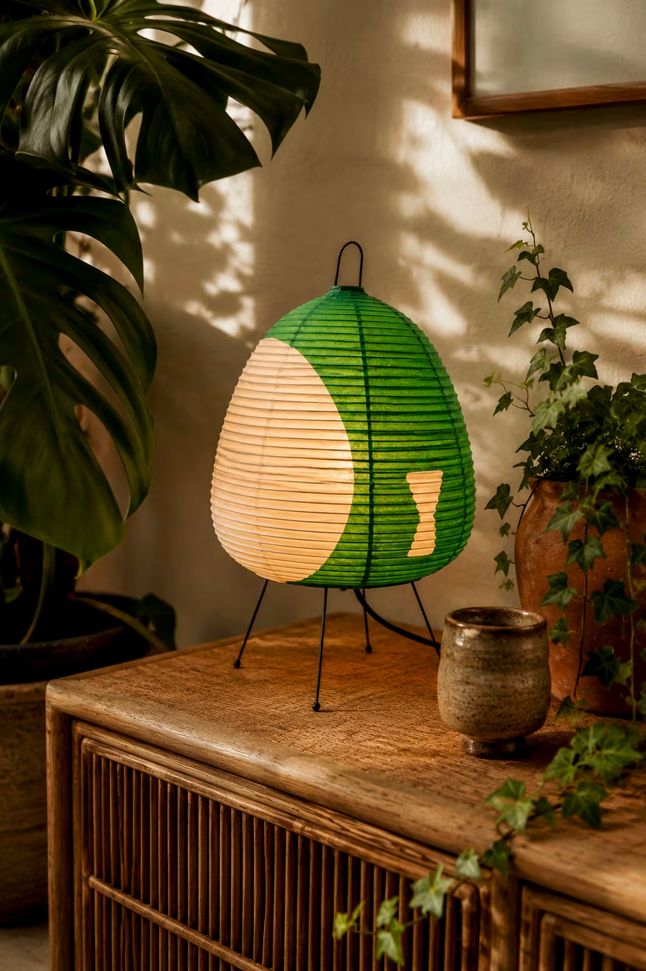 Kiri Celadon Japanese rice paper table lamp with muted green shade and iron tripod