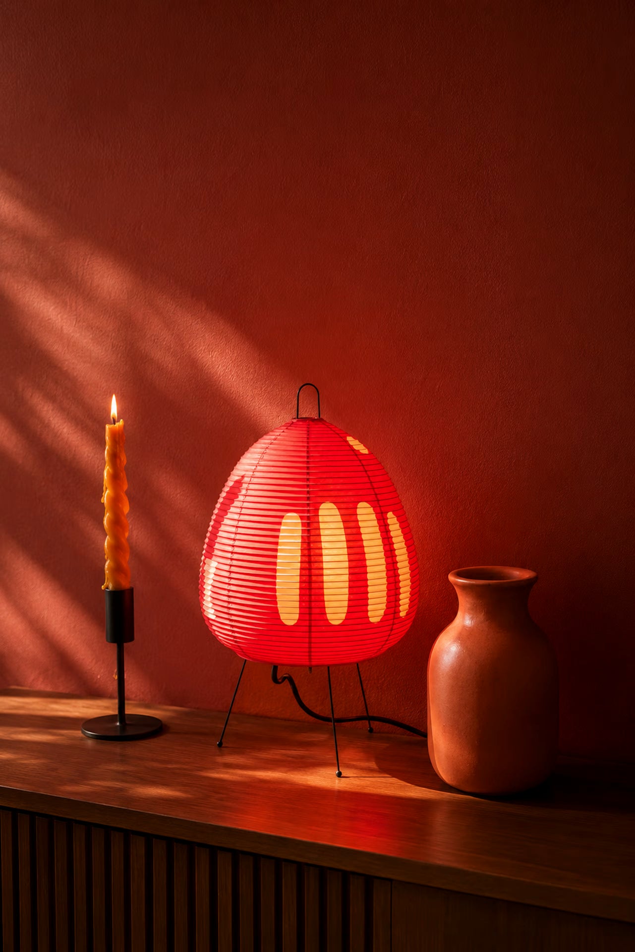Kiri Torii Japanese rice paper table lamp with red shade and iron tripod