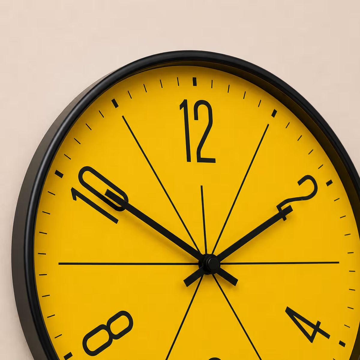 Close-up of the Modern Nordic Wall Clock’s yellow dial and black hands