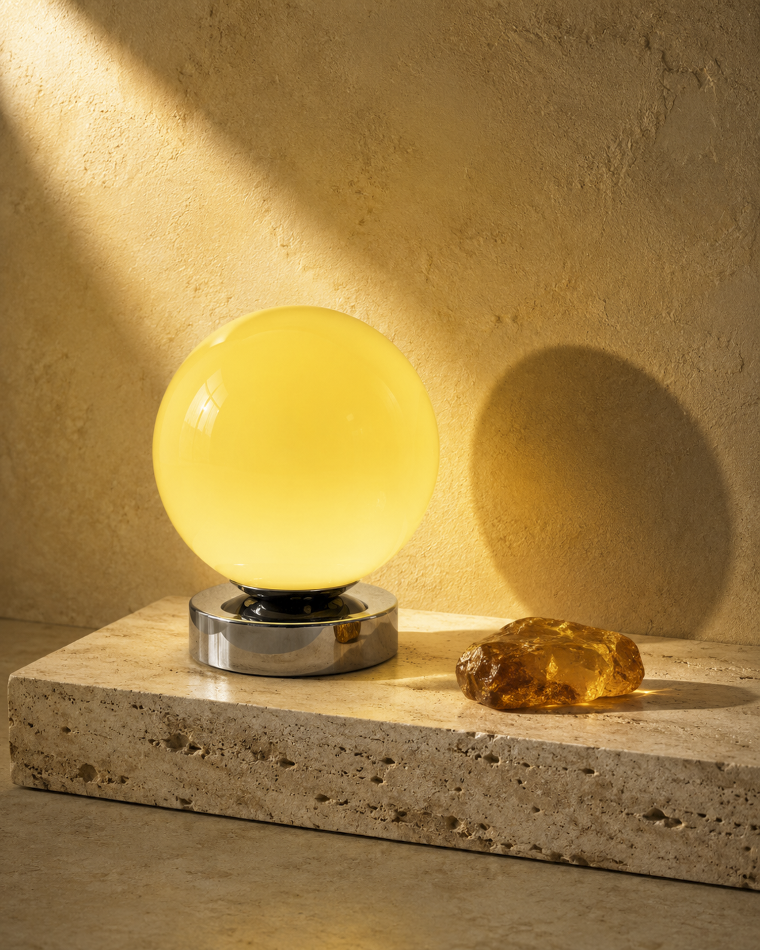 Nova Corona cream glass globe table lamp on a low chrome-finish base
