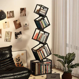 Close view of the fixed angled bookshelf tiers