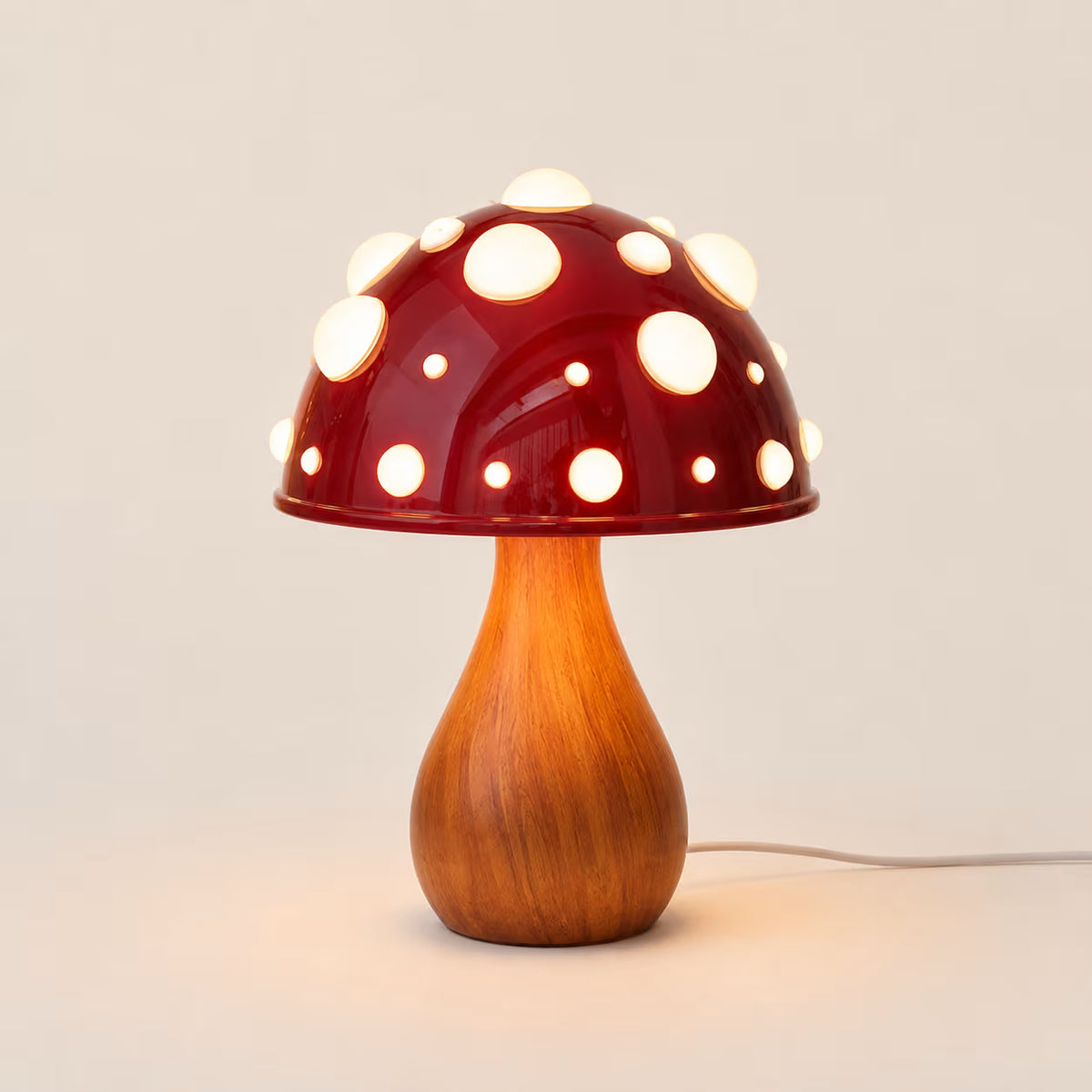 Shiitake mushroom table lamp with a wood-effect stem