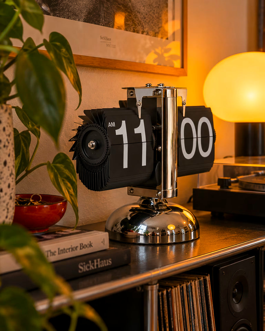 Chrome vintage auto flip clock lifestyle photo
