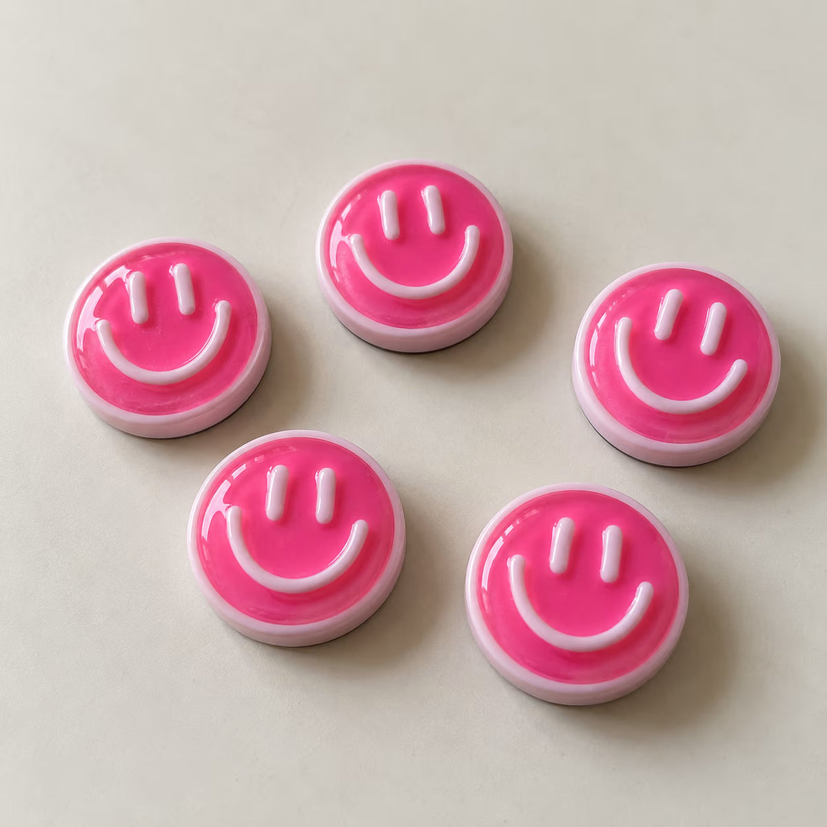 Pink smiley face fridge magnets, pack of 5
