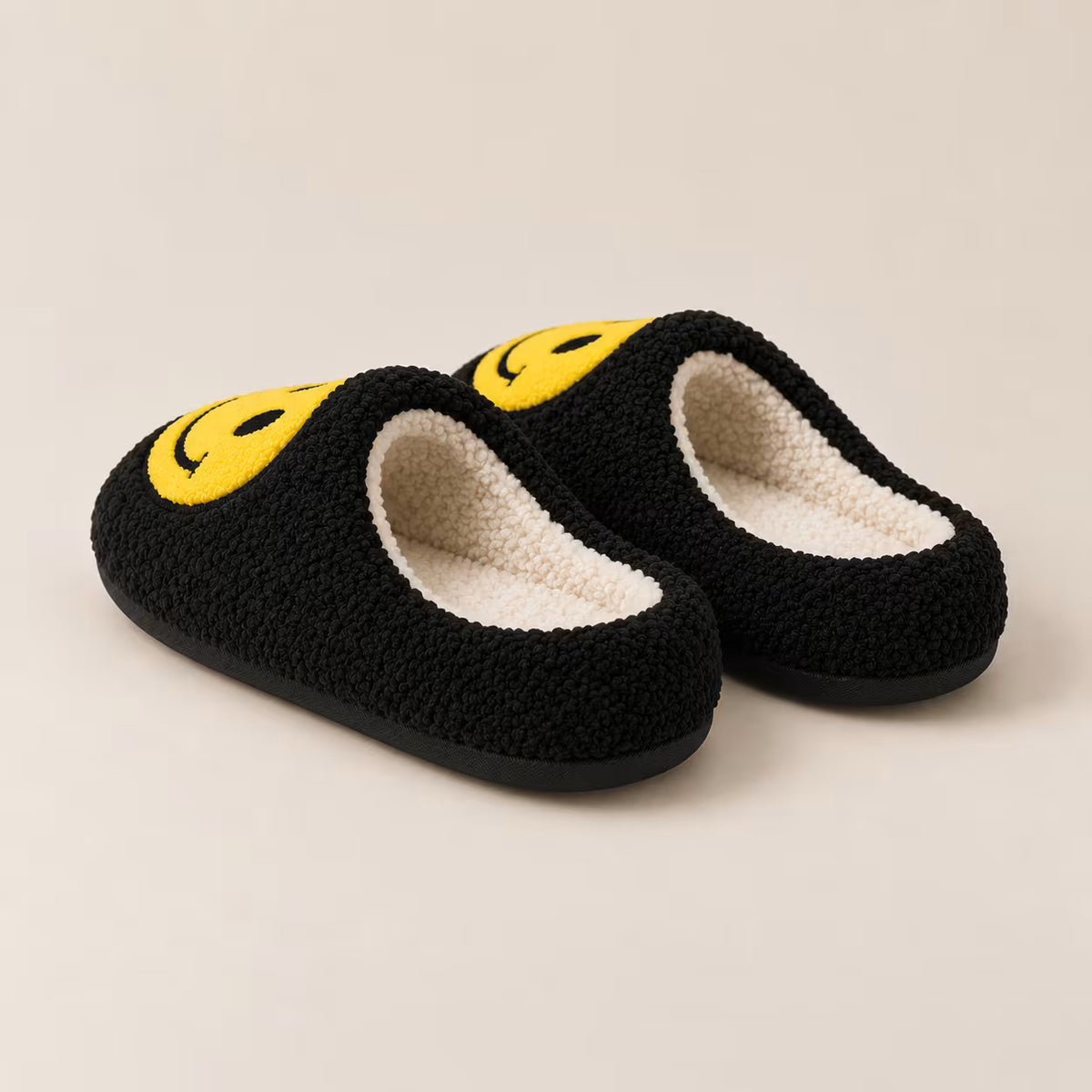 Black smiley face slippers, second alternate view