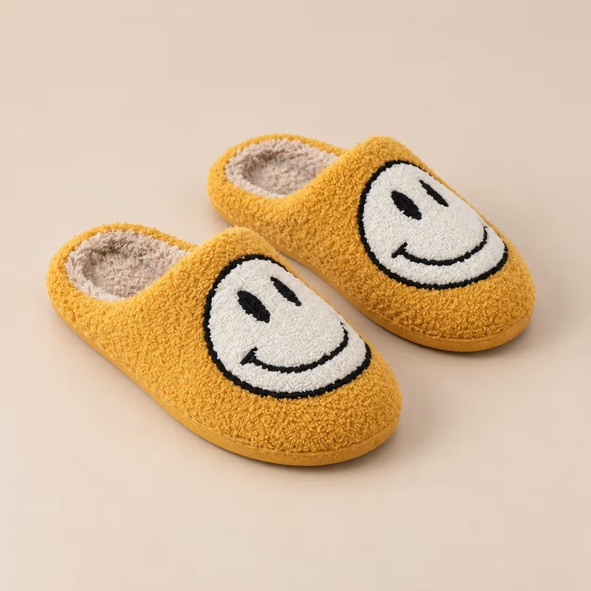 Mustard smiley face plush slippers