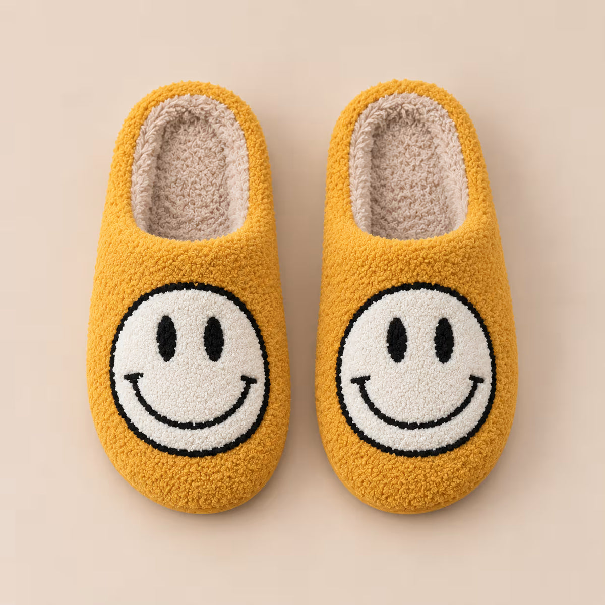 Mustard smiley face plush slippers, alternate view