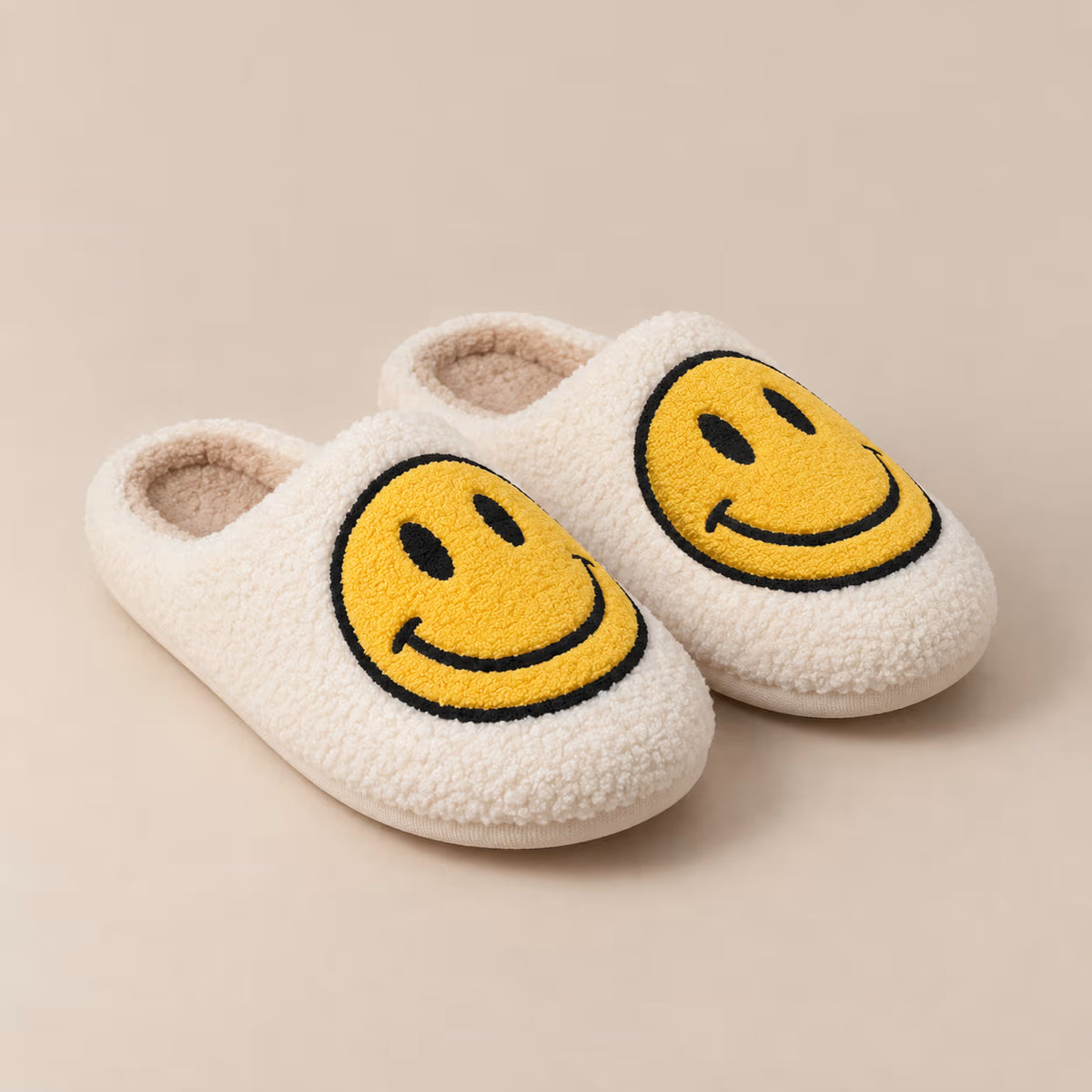 White smiley face plush slippers