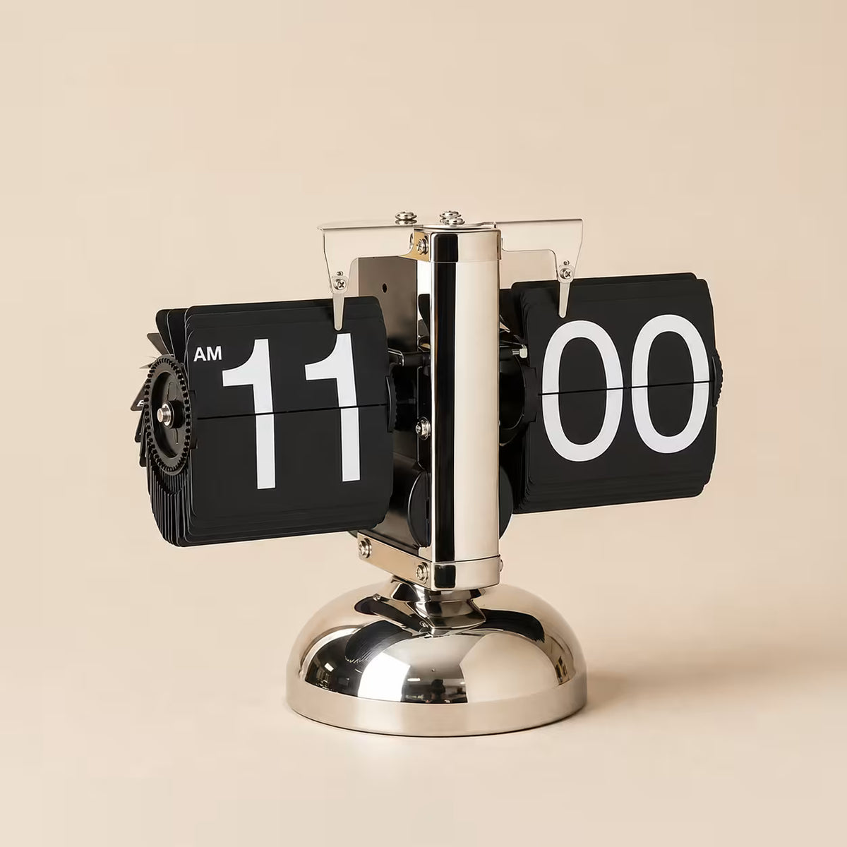 Chrome Vintage Auto Flip Clock with black cards and large white numerals