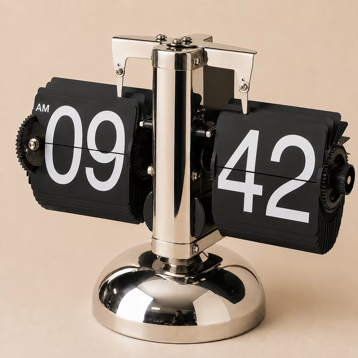 Front view of the chrome flip clock with high-contrast hour and minute display
