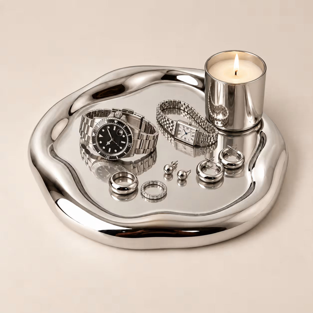 Large round wobbly chrome tray, alternate view