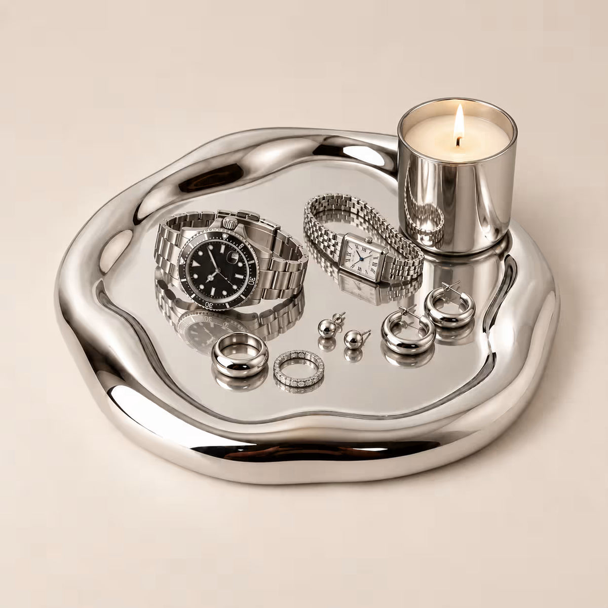 Large round wobbly chrome tray, alternate view