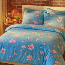Blue cherry blossom bedding set with pink floral pattern