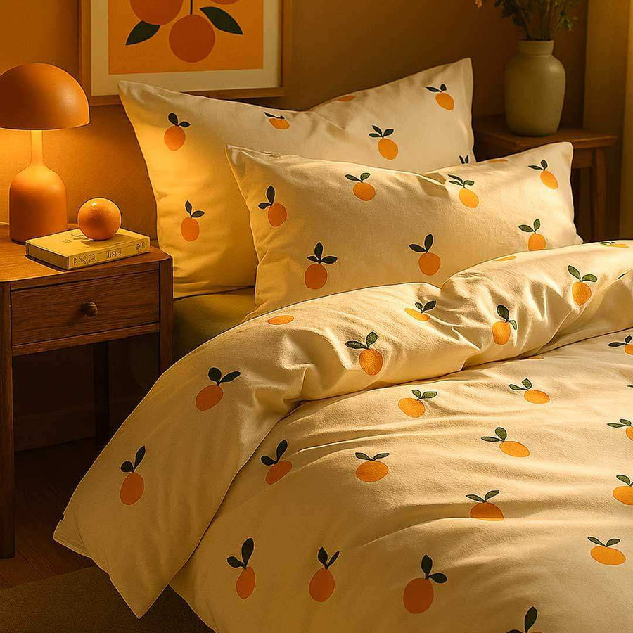 Orange-print duvet cover, flat sheet and matching pillowcases
