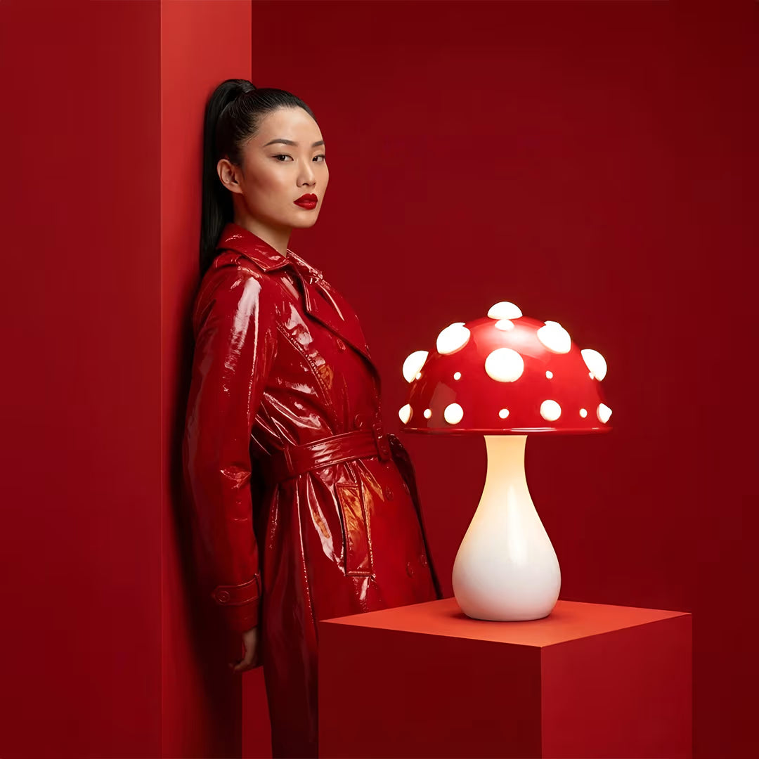 Manita lamp with white base and warm ambient light