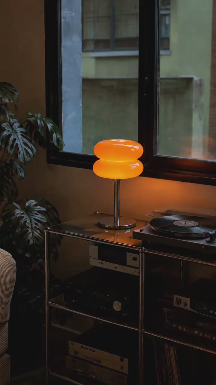 Macaron Glass Table Lamp shown illuminated from different angles