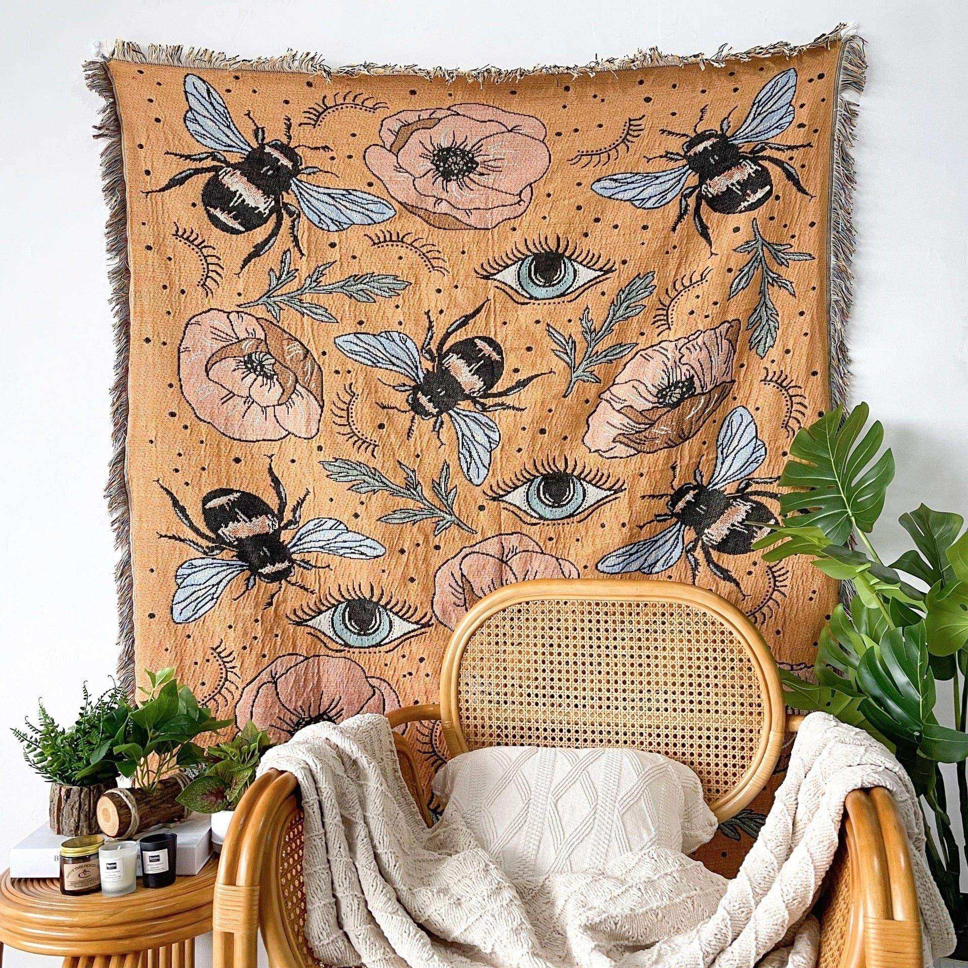 Bumble Bee woven textile shown as indoor wall decor