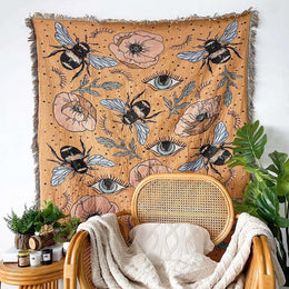 Bumble Bee woven textile shown as indoor wall decor