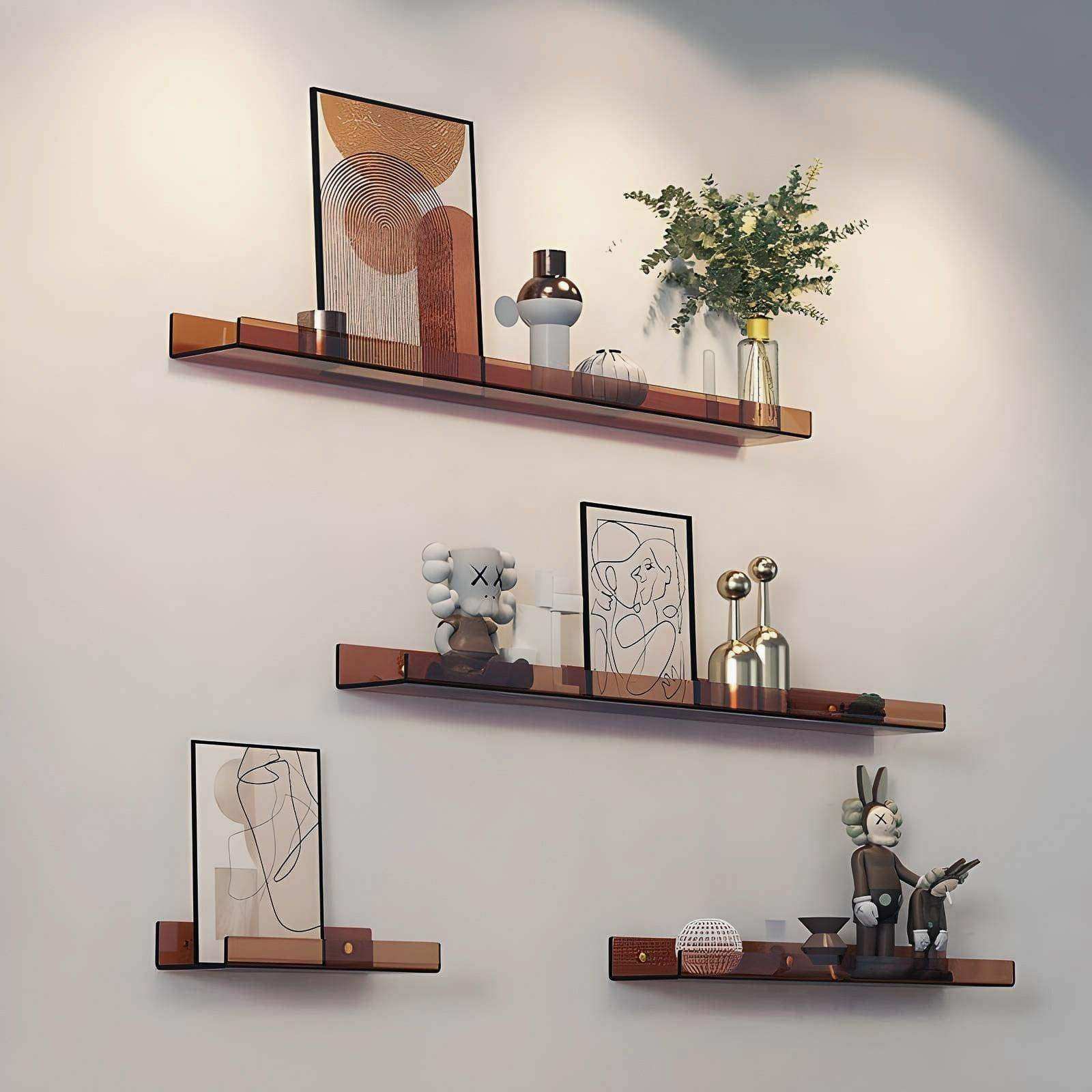 Orange acrylic wall shelf with decorative objects