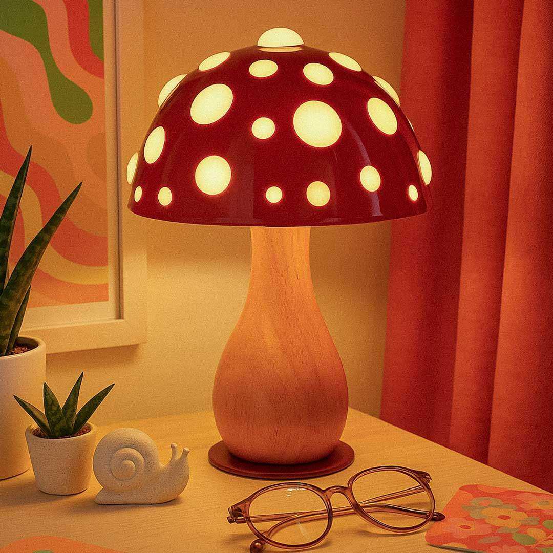 Shiitake wood-grain mushroom table lamp with rounded white shade