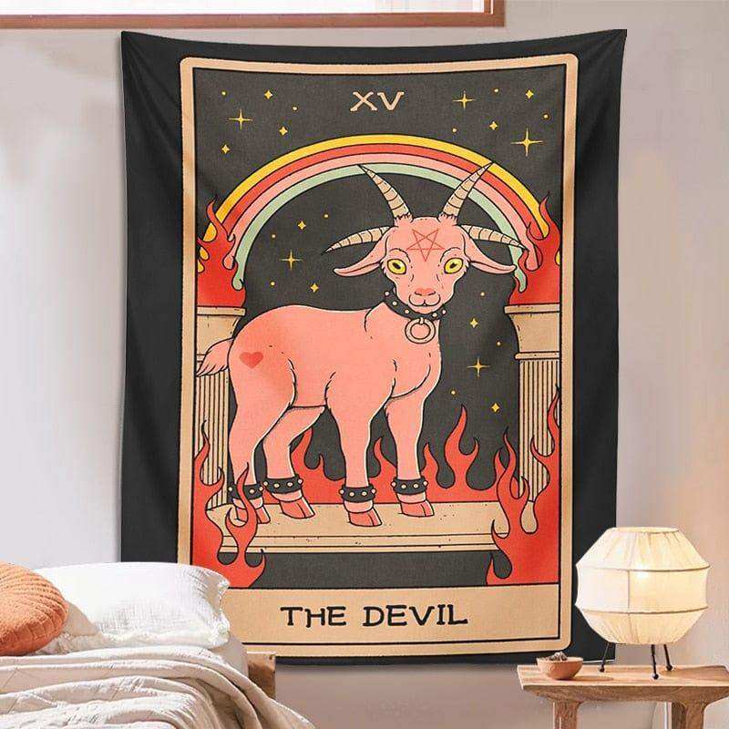 The Devil tarot card artwork on a polyester tapestry